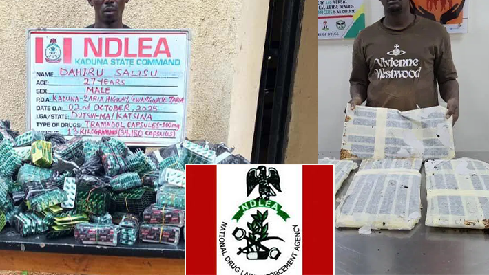 NDLEA logo and seized drugs with the suspects