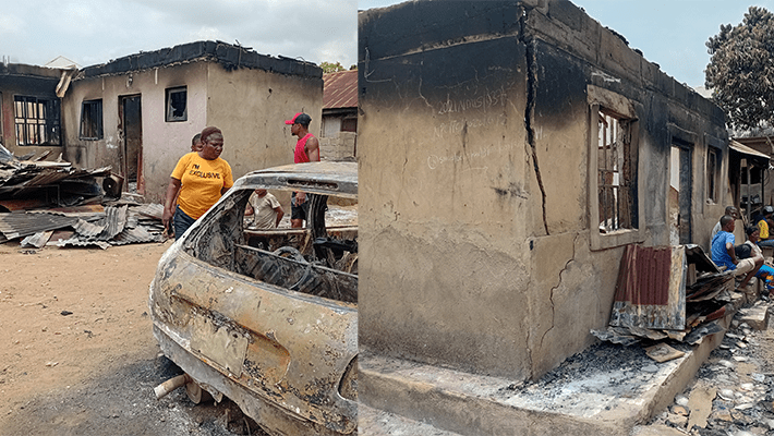 burnt houses, cars