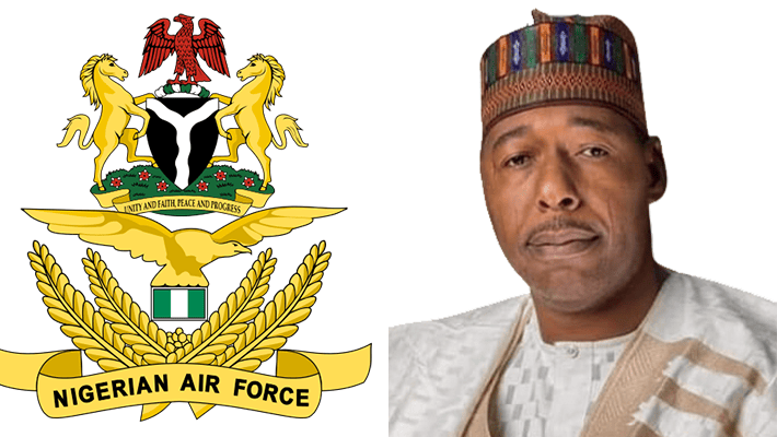 NAF logo and Borno State Governor Zulum.