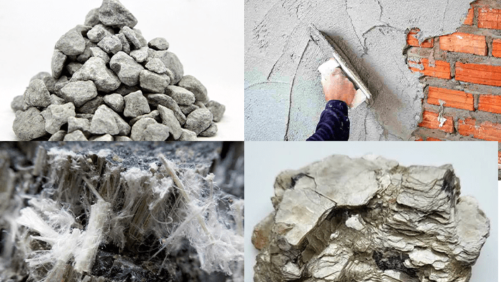 Stone, plaster, cement, asbestos, and mica.