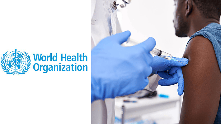 WHO logo and people being vaccinated