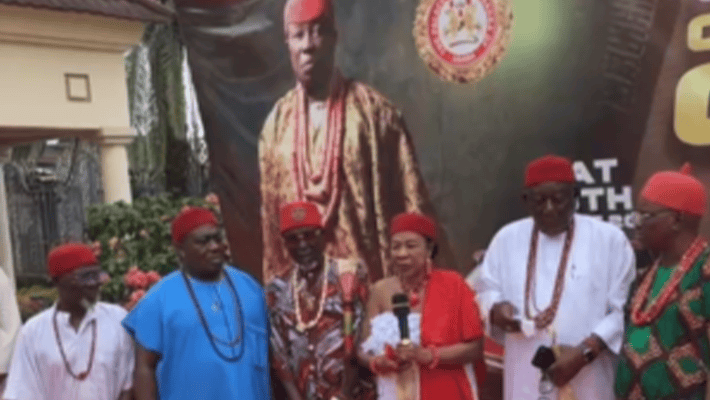 The Omu Ahaba of Asaba Community, Chief Ada Biosah flanked by the Ndi Eze Ahaba, of Asaba community in Sunday in Asaba