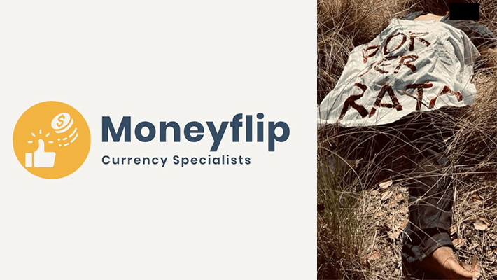 MoneyFlip and a photo depicting supposed murder victim lying dead in a field with a banner covering his body with the Spanish phrase “Por ser Rata,” which translates to “For being a thief.