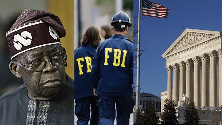 Tinubu/FBI logo and a U.S. court image