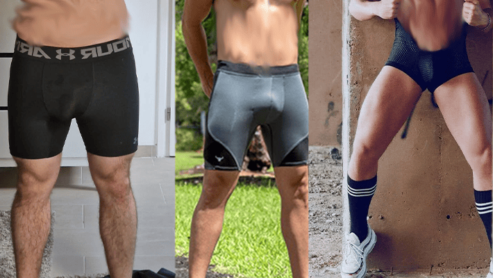 Men in tight shorts showing bulge