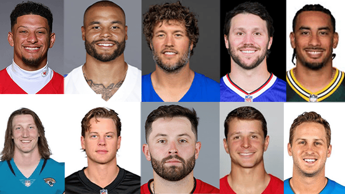 Patrick Mahomes, Dak Prescott, Matthew Stafford, Josh Allen, Jordan Love, Trevor Lawrence, Joe Burrow, Baker Mayfield, Brock Purdy (San Francisco 49ers), Jared Goff (Detroit Lions)