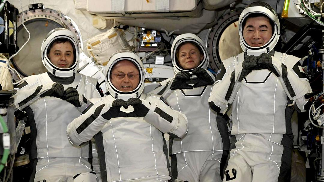 U.S astronauts Zena Cardman and Michael Fincke, Japanese astronaut Kimiya Yui, and Russian cosmonaut Oleg Platonov