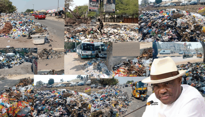 A photo of FCT Minister Nyesom Wike superimposed on photos of waste (Credit: Ahmed Oluwasanjo/Peoples Gazette)