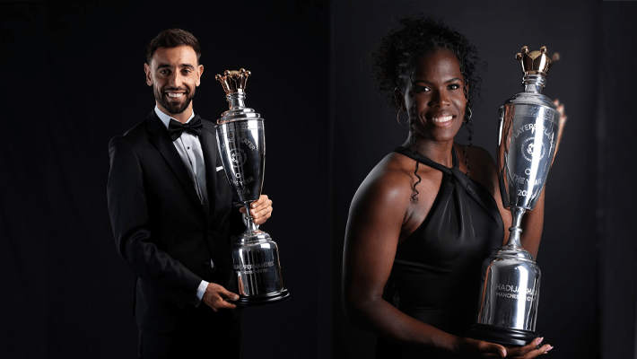 Manchester United’s captain Bruno Fernandes and Manchester City’s Khadija Shaw