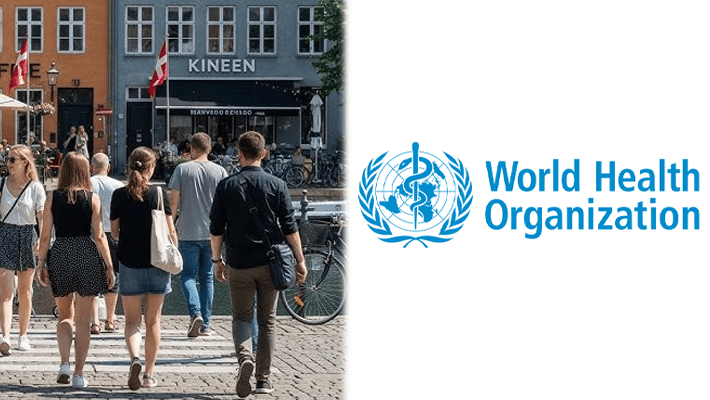 People walking in Denmark and WHO logo
