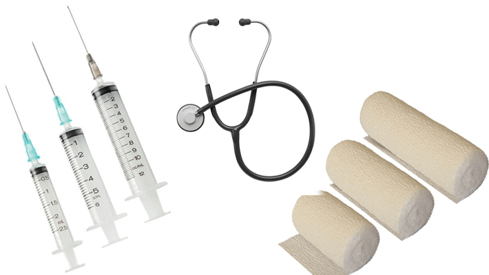 syringes, bandages and stethoscope