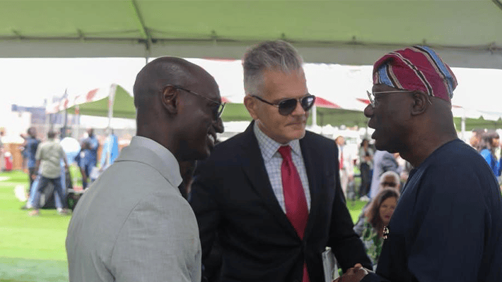 (L-R): U.S. Consul General Brandon Hudspeth, U.S. Deputy Assistant Secretary of State for West Africa and for Public Diplomacy Richard Michaels, and Lagos State Governor Babajide Sanwo-Olu during the Topping Off Ceremony of the New Consulate Compound at Eko Atlantic City in Lagos.