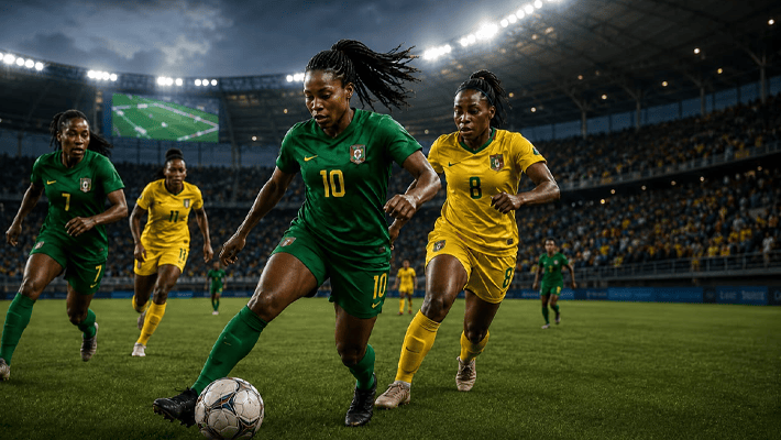 Women’s football players competing intensely. 