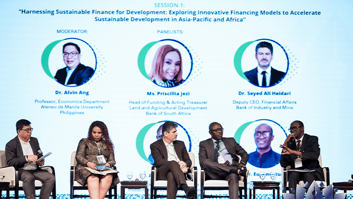 Dr. Eugene Itua speaking during the Distinguished Panelists’ Session 1: Harnessing Sustainable Finance for Development: Exploring Innovative Financing Models to Accelerate Sustainable Development in Asia-Pacific and Africa at the AADFI-ADFIAP Joint International CEO Forum 2025, held October 22–24 at the Wynn Macau Hotel in Macau SAR.