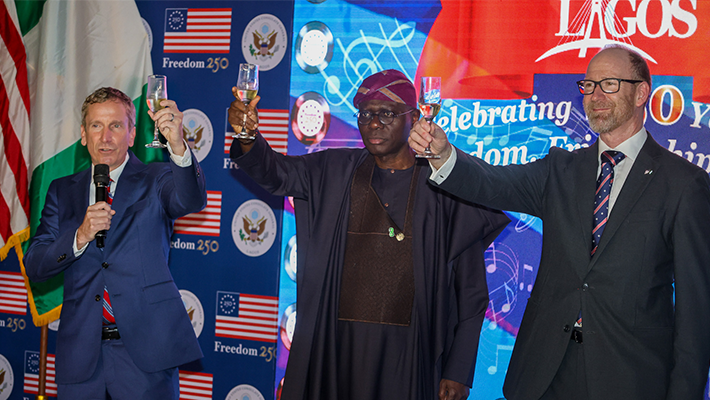 L-R: Chargé d’affaires of the U.S. Mission in Nigeria Keith Heffern, Lagos State Governor Babajide Sanwo-Olu and the U.S. Consul General Rick Swart, giving a toast during a reception commemorating the 250th U.S. Independence Anniversary in Lagos on Wednesday.