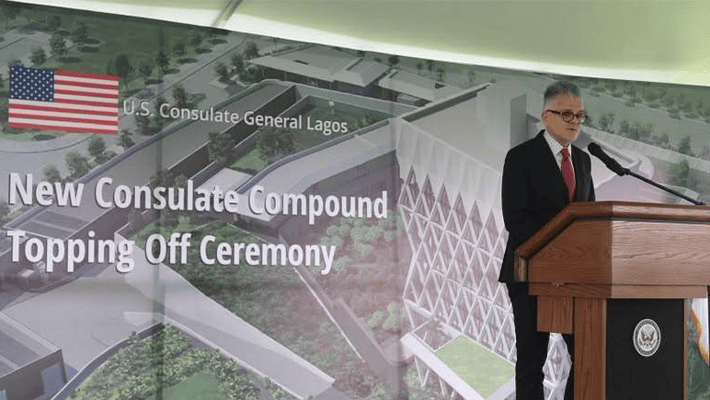 U.S. Deputy Assistant Secretary of State for West Africa and for Public Diplomacy Richard Michaels delivering remarks at the Topping Off Ceremony of the New Consulate Compound at Eko Atlantic City in Lagos.