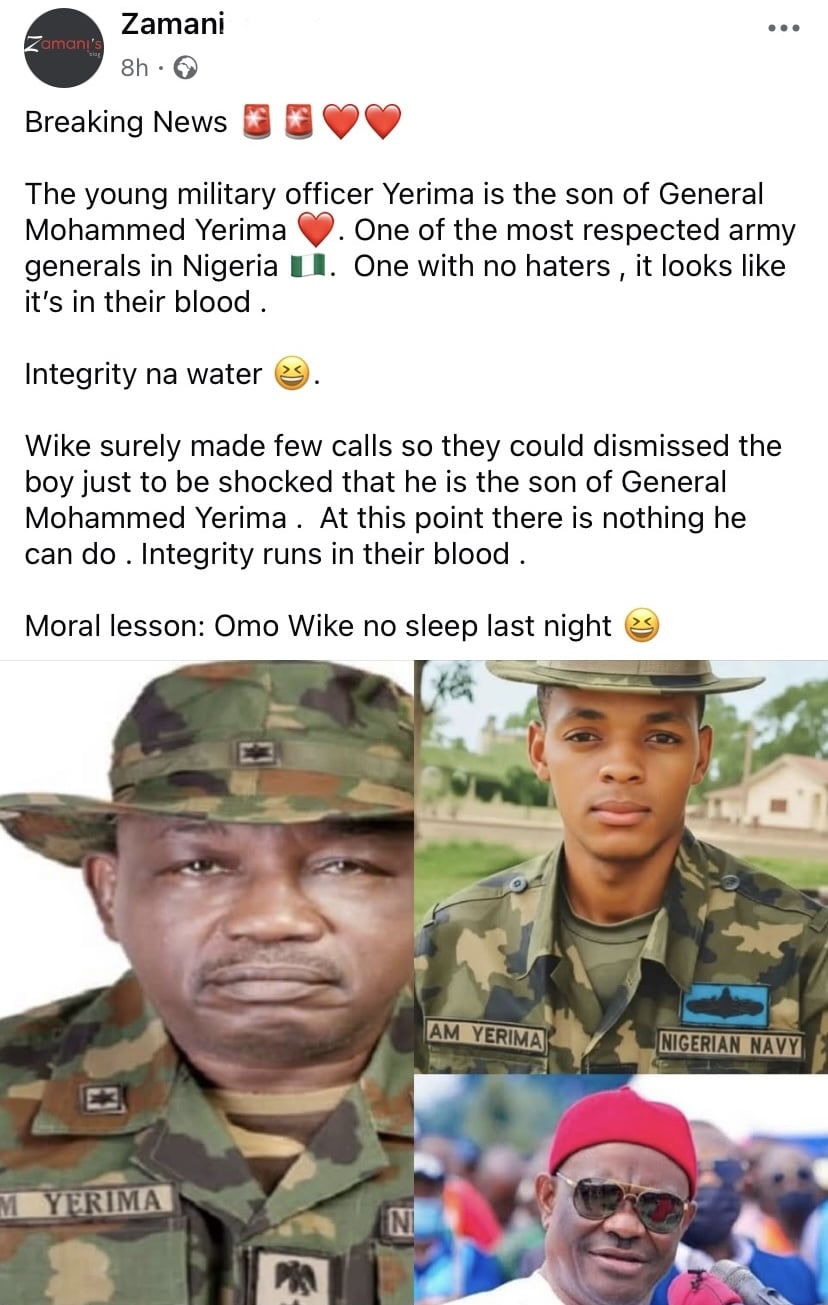 “Omo Wike no sleep last night” – Nigerians react as viral naval officer reportedly son of General Mohammed Yerima “Omo Wike no sleep last night” – Nigerians react as viral naval officer reportedly son of General Mohammed Yerima