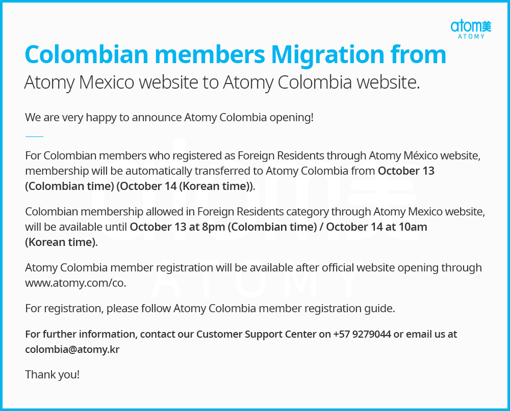 Colombia Colombian Members Migration From Atomy Mexico Website To Atomy Colombia Website Notices Global Atomy Welcome To Global Atomy