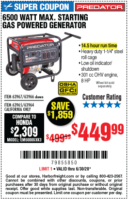 Harbor freight coupon predator 3500 watt super quiet inverter generator . Predator 6500 Watt Max Starting Gas Powered Generator For 449 99 Harbor Freight Coupons