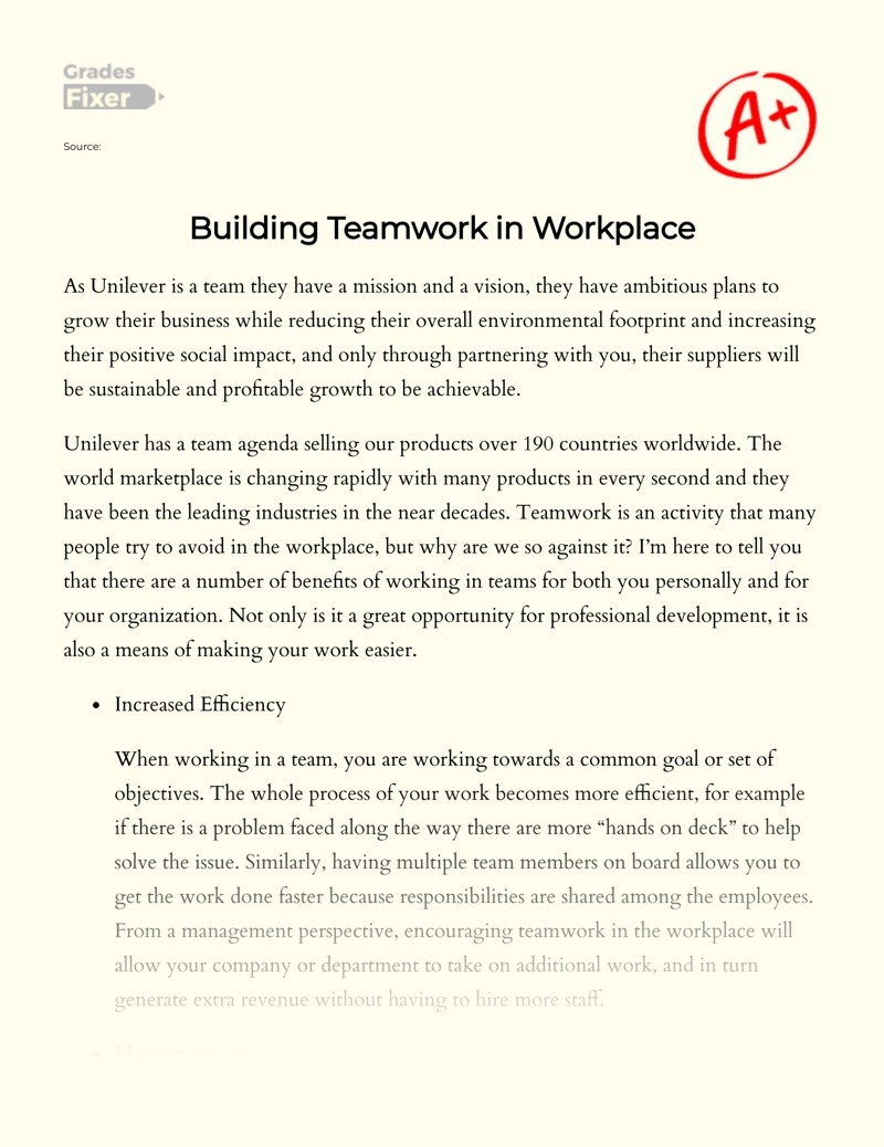 You have been a wonderful mentor, and project manager throughout the … Review Of The Benefits Of Building Teamwork In Workplace Essay Example 696 Words Gradesfixer
