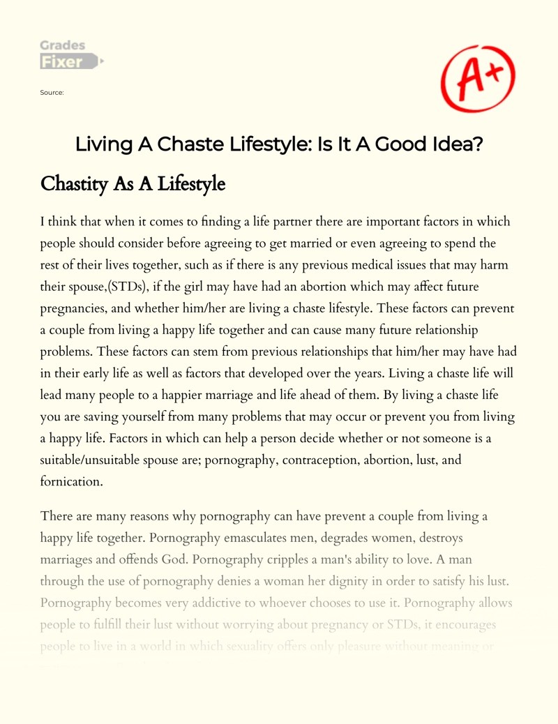 Living A Chaste Lifestyle A Good Idea Or Not Essay Example 1432 Words Gradesfixer