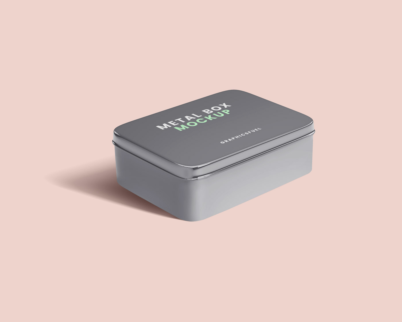 A beautiful designer glossy metal tin can box mockup showcasing on a peach pink background with a standing perspective view. Free Metal Box Mockup Graphicsfuel