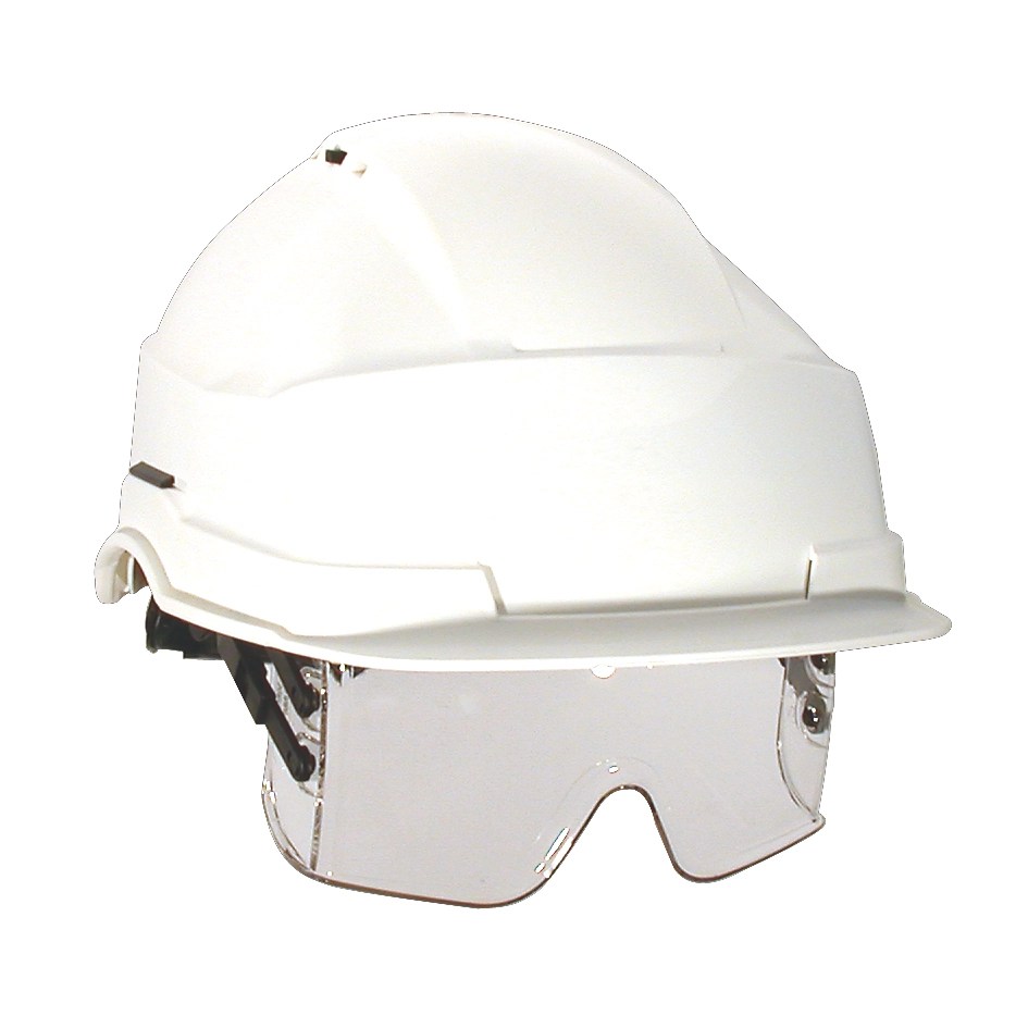 Casque de chantier double coque abs avec visière escamotable pc. Casque de chantier Iris blanc avec porte-badge Auboueix ...