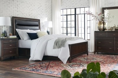 The dark gray bed, end tables, and television stand work perfectly with the light blues and browns of this simple yet elegant space. Gramercy Bed Find The Perfect Style Havertys