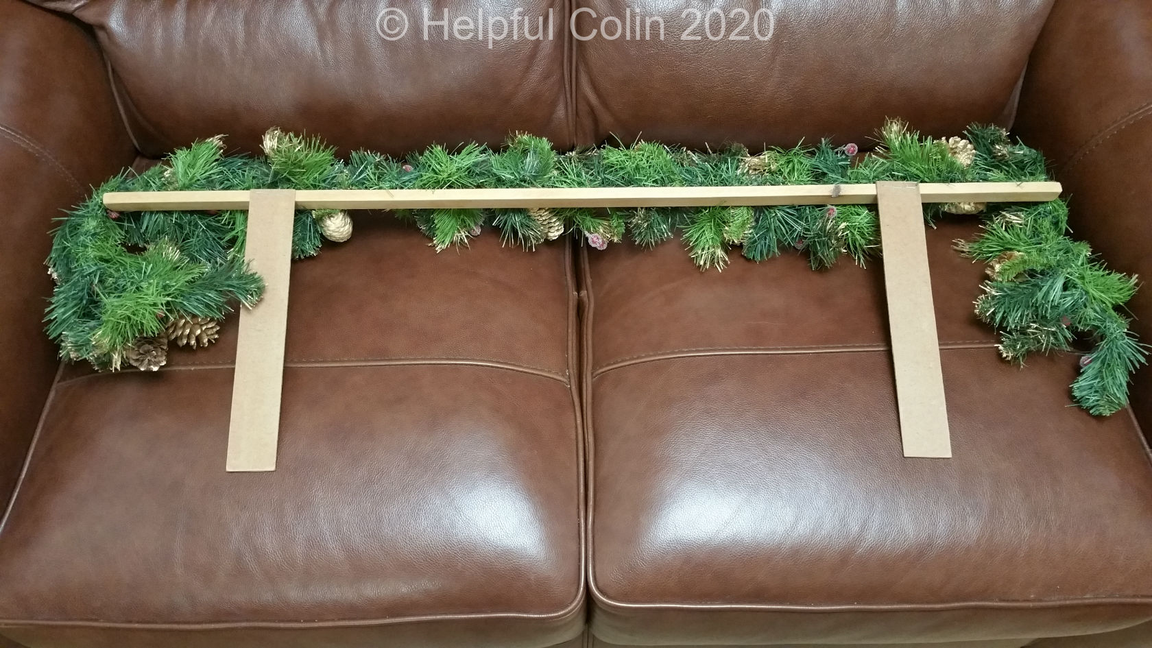 A garland on a frame viewed from the back