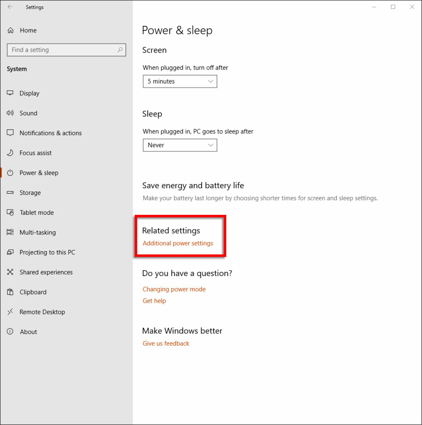 Power & Sleep > Related Settings