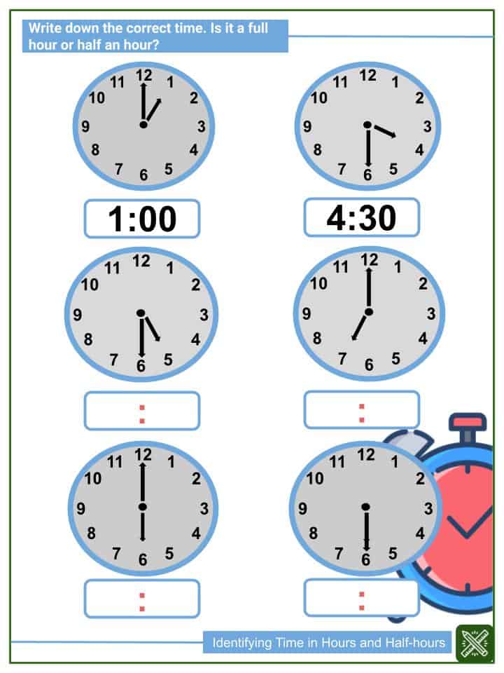 identifying time in hours and half hours worksheets helping with math