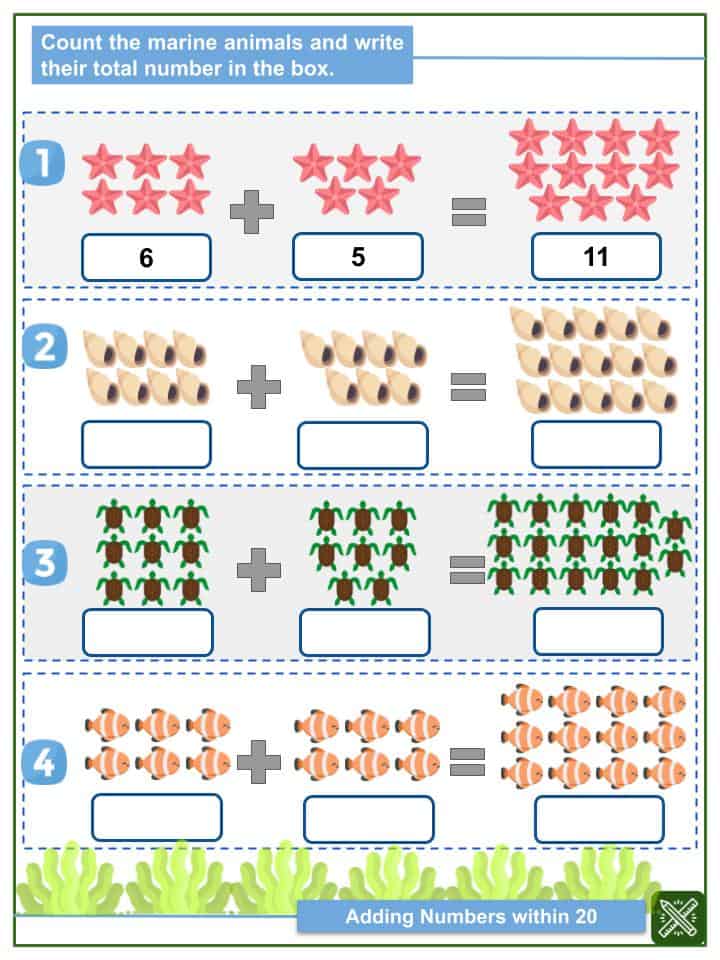 adding numbers within 20 1st grade math worksheets