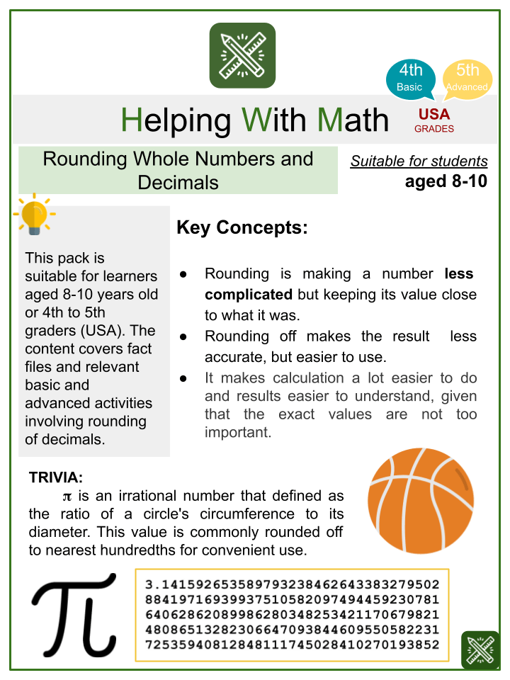 rounding whole numbers and decimals themed math worksheets