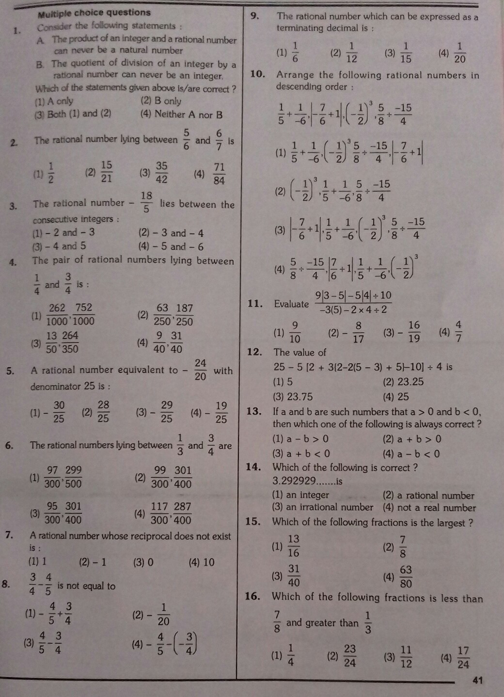 class 7 rational number multiple choice question answers brainly in