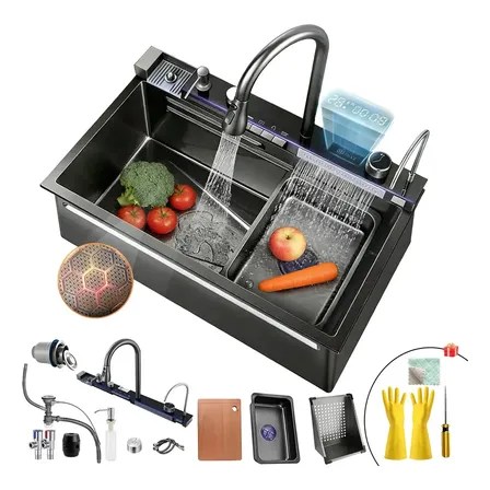 Fregadero De Organizadores Cocina Tarja De Acero Inoxidable 304 Cascada Acero Con Accesorios 75*46cm Negro Diamante Negro