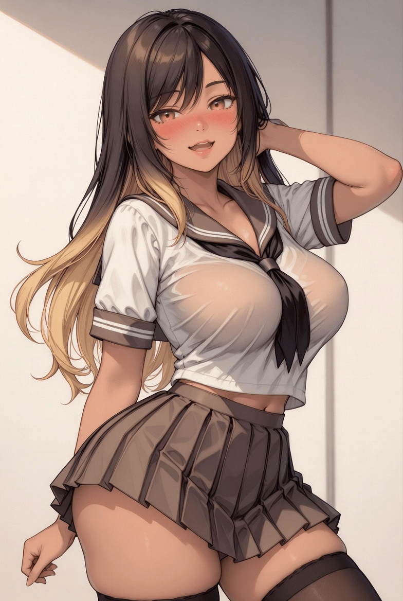 Seductive uncensored hentai character with big boobs in a revealing school uniform