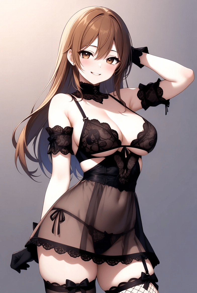 Confident hentai character with big boobs in black lingerie teasing pose