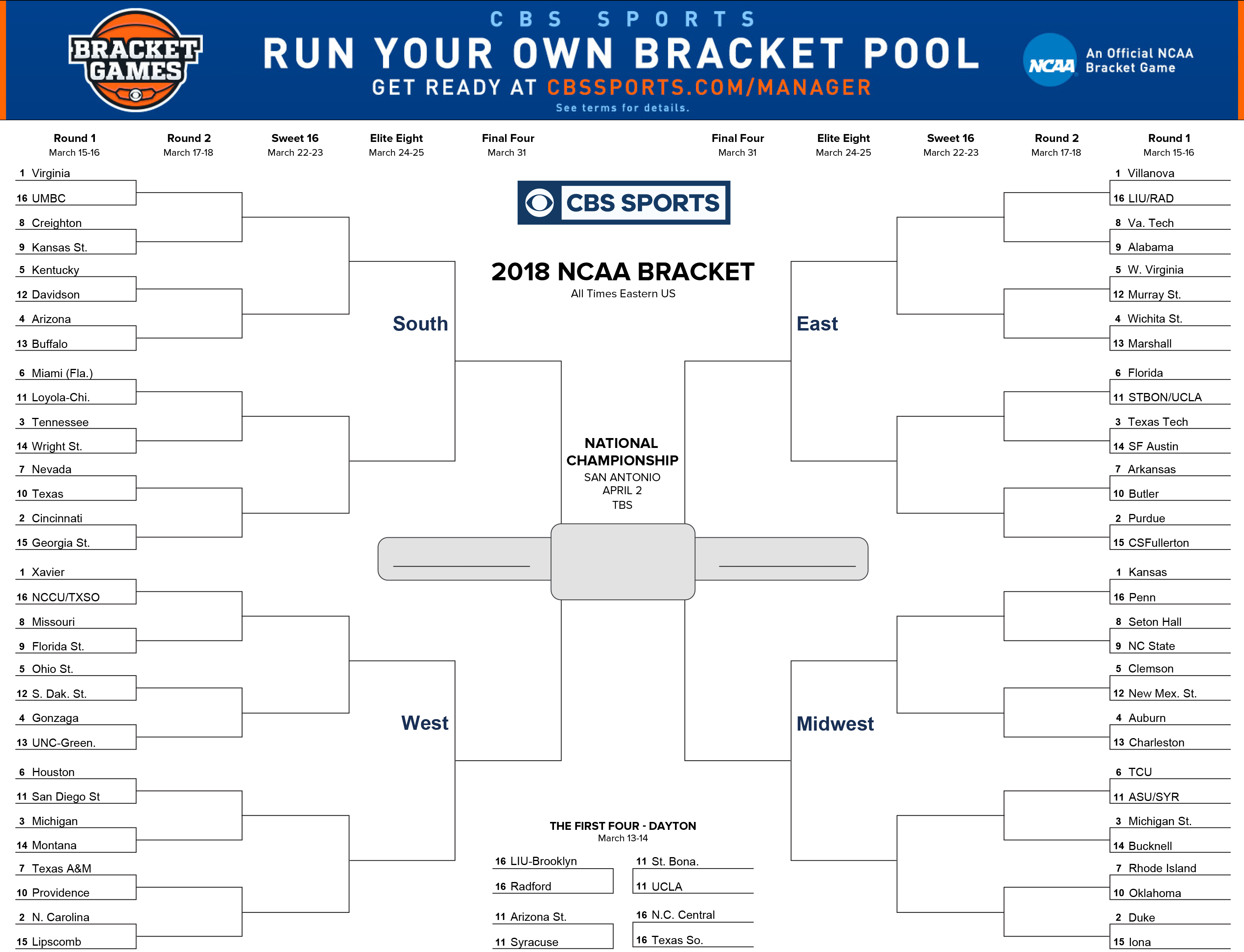 printable 2018 ncaa tournament bracket