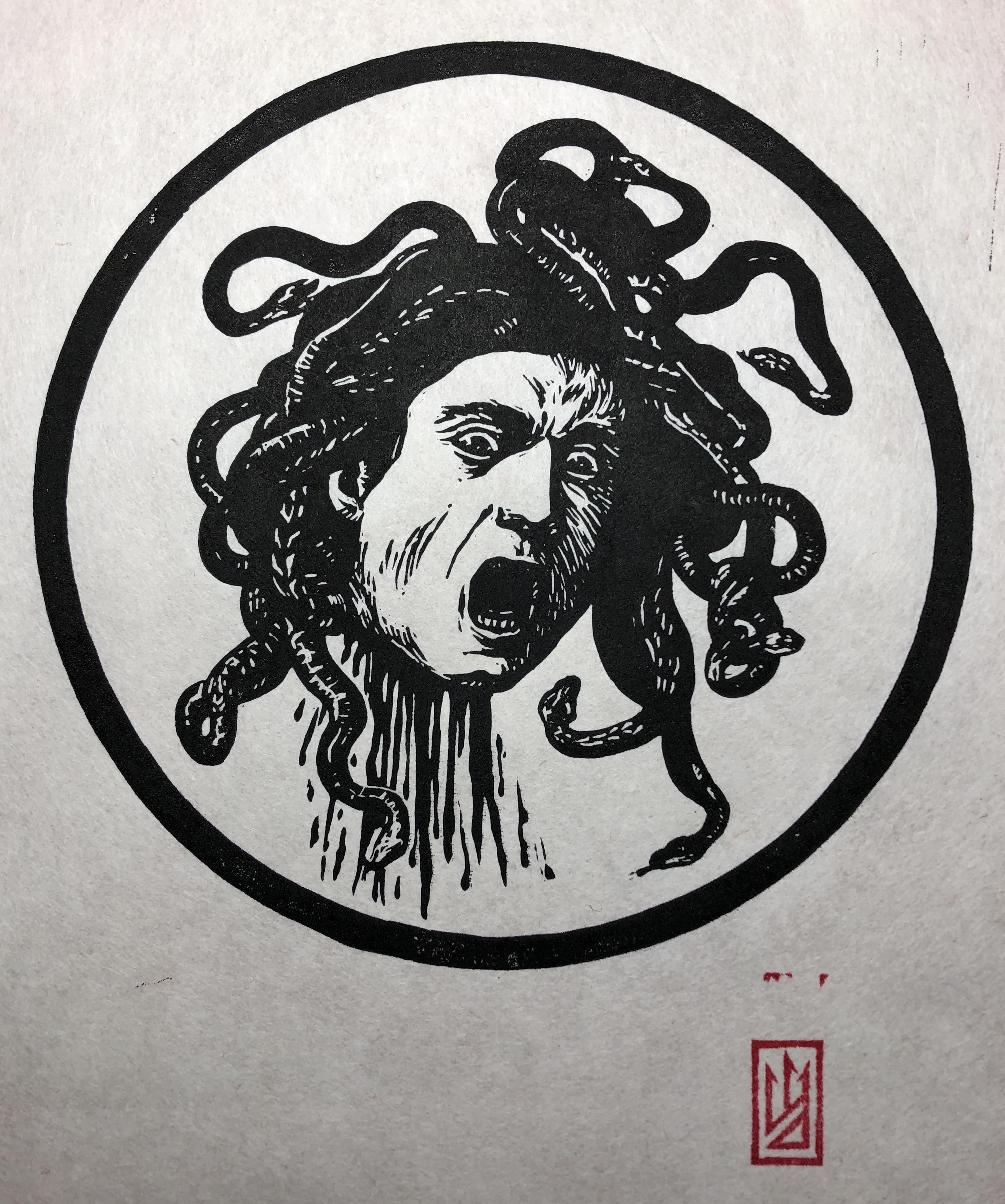 Study Of Caravaggio S Head Of Medusa Linocut 8x10 Printmaking
