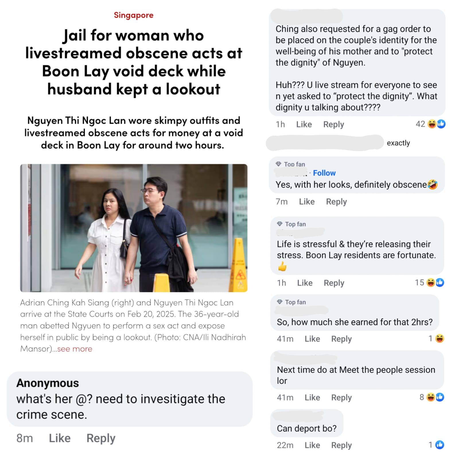 Jail for Vietbu, Nguyen Thi Ngoc Lan, 31, and her husband, Adrian Ching Kah  Siang, 36, who livestreamed her NUDE acts at Boon Lay void deck to earn  quick bucks online, while