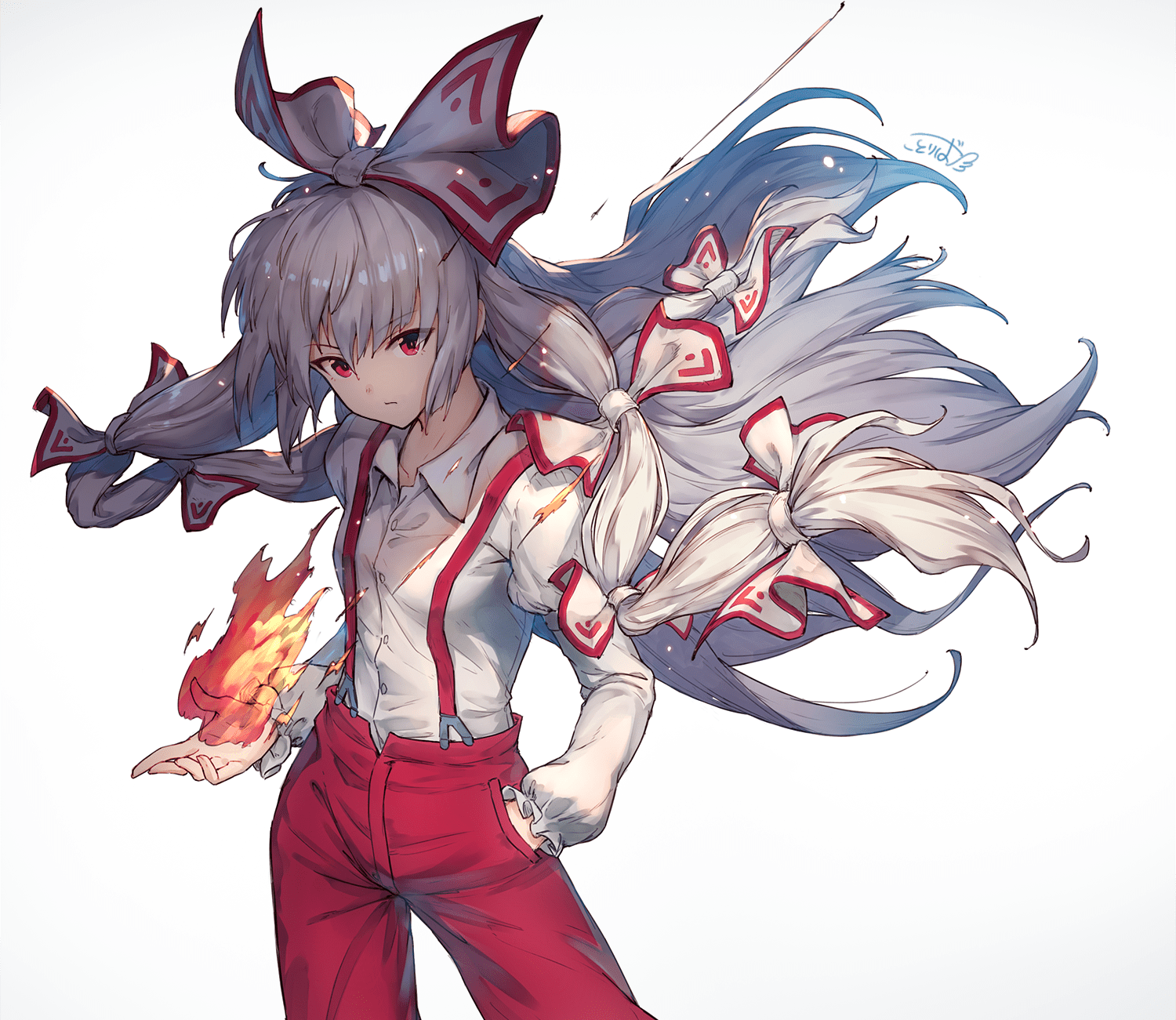 One of the many characters in the touhou project, she is a human who became immortal after drinking the hourai elixer, and is the bitter rival of kaguya . R Mokou è¤åå¦¹ç´