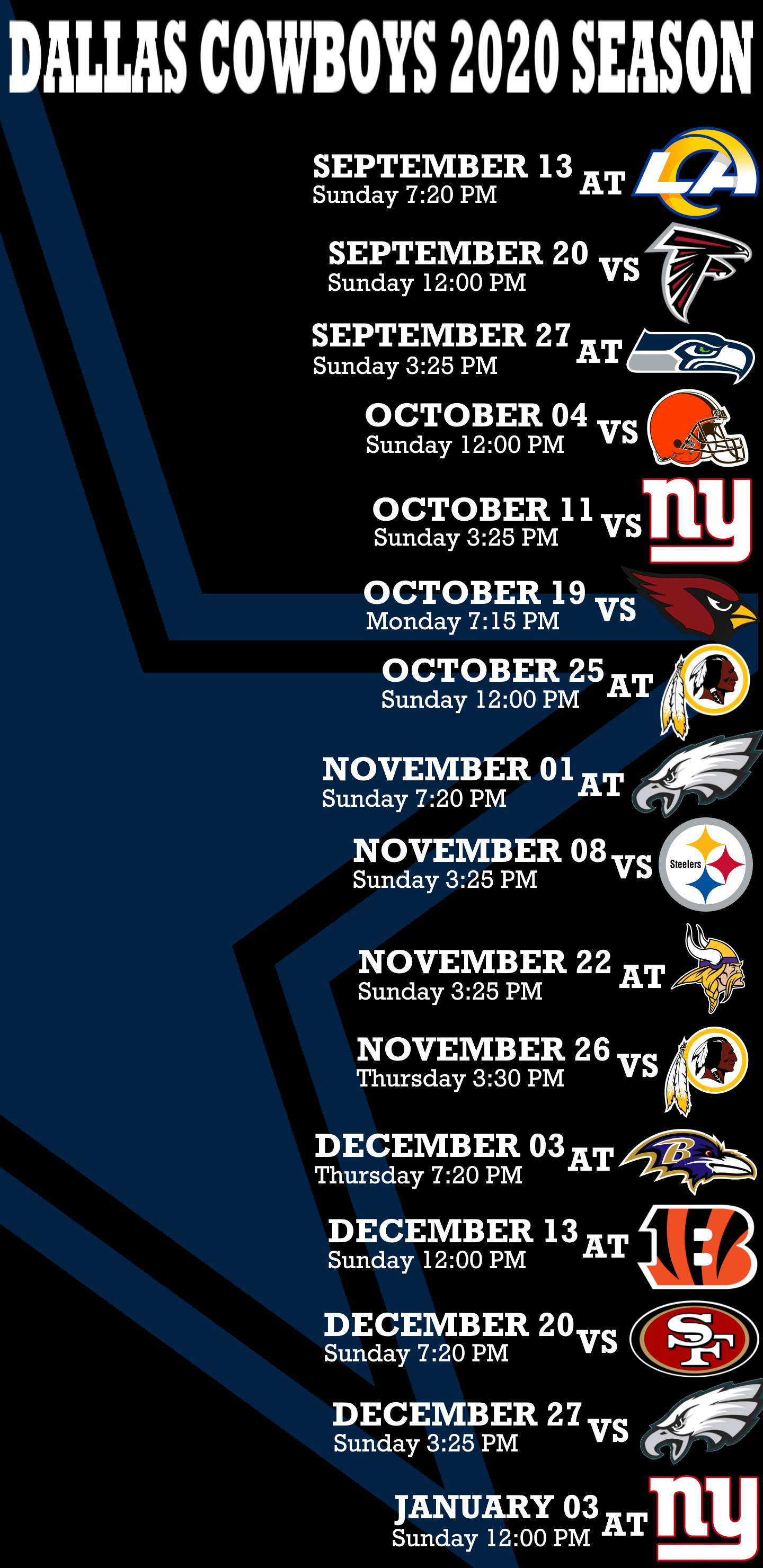Dallas cowboys schedule 2020 ; Dark Mode Friendly Ish Schedule Wallpaper R Cowboys