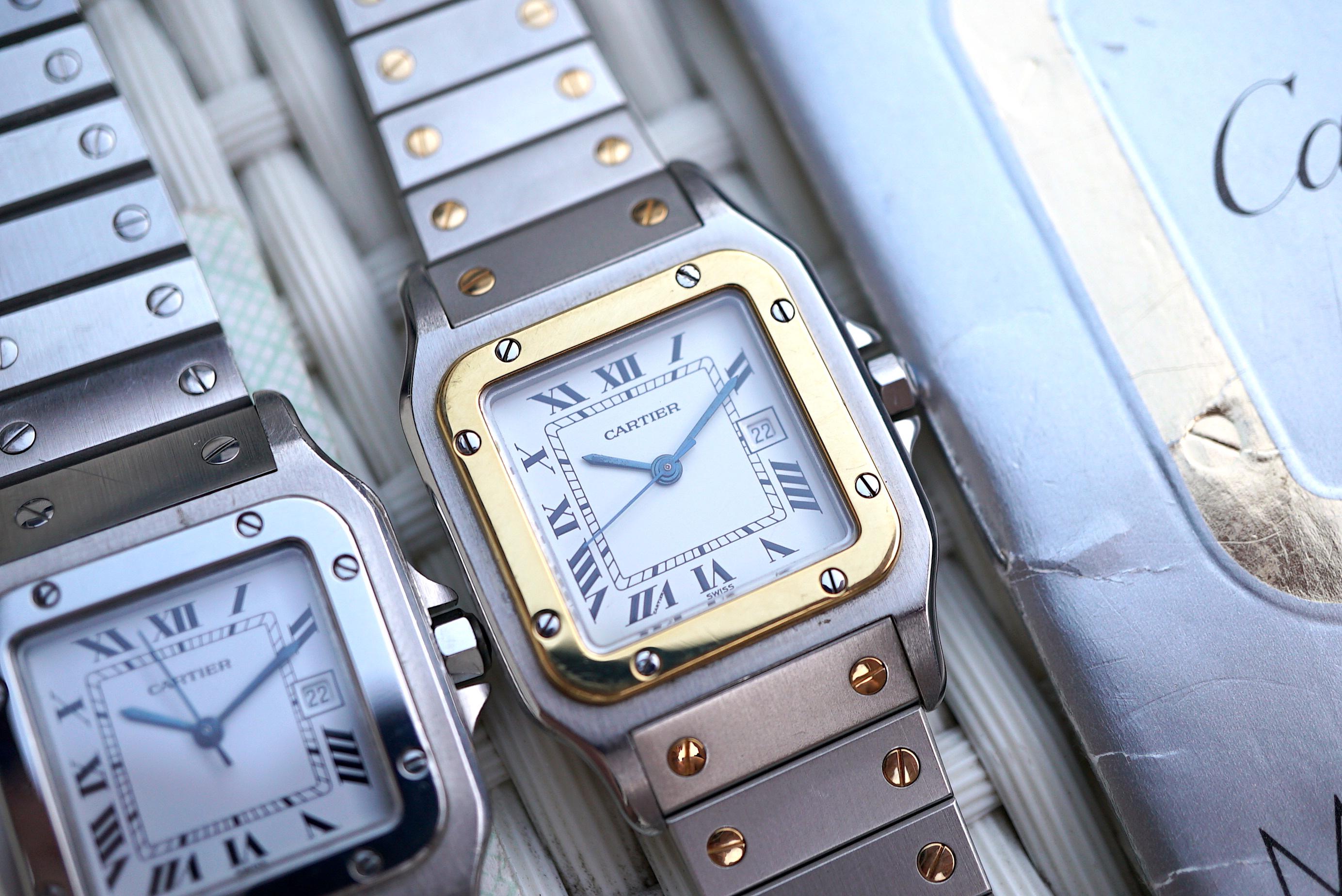 Sale Twins 2x Cartier Santos Carree Automatic All Stainless Steel Two Tone Steel Gold Fully Original Original Papers 1987 1988 R Kabaclyde