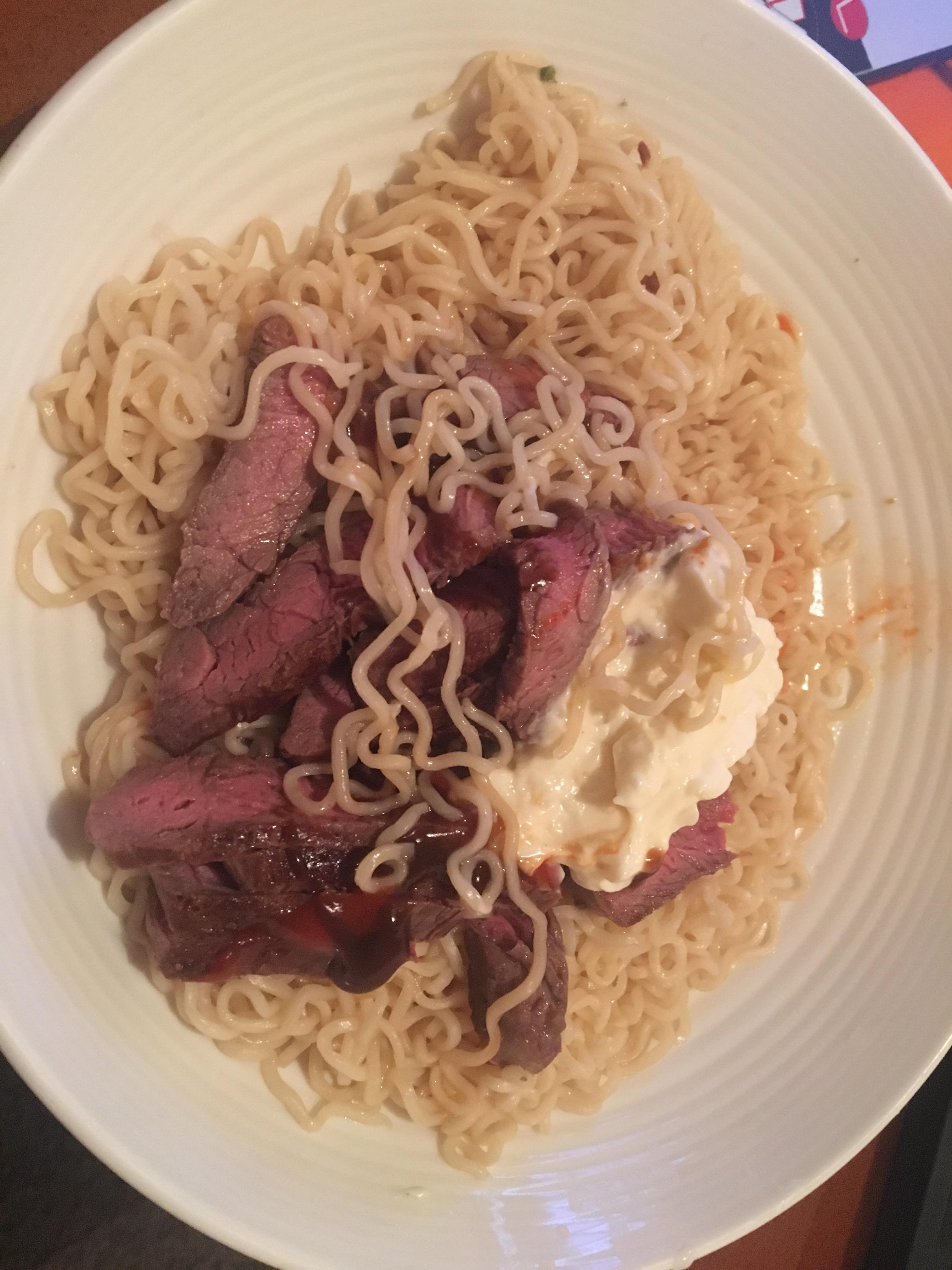 Of course, hot sauce and sour cream or plain . Japanese Beef Ramen: Instant noodles with defrosted steak