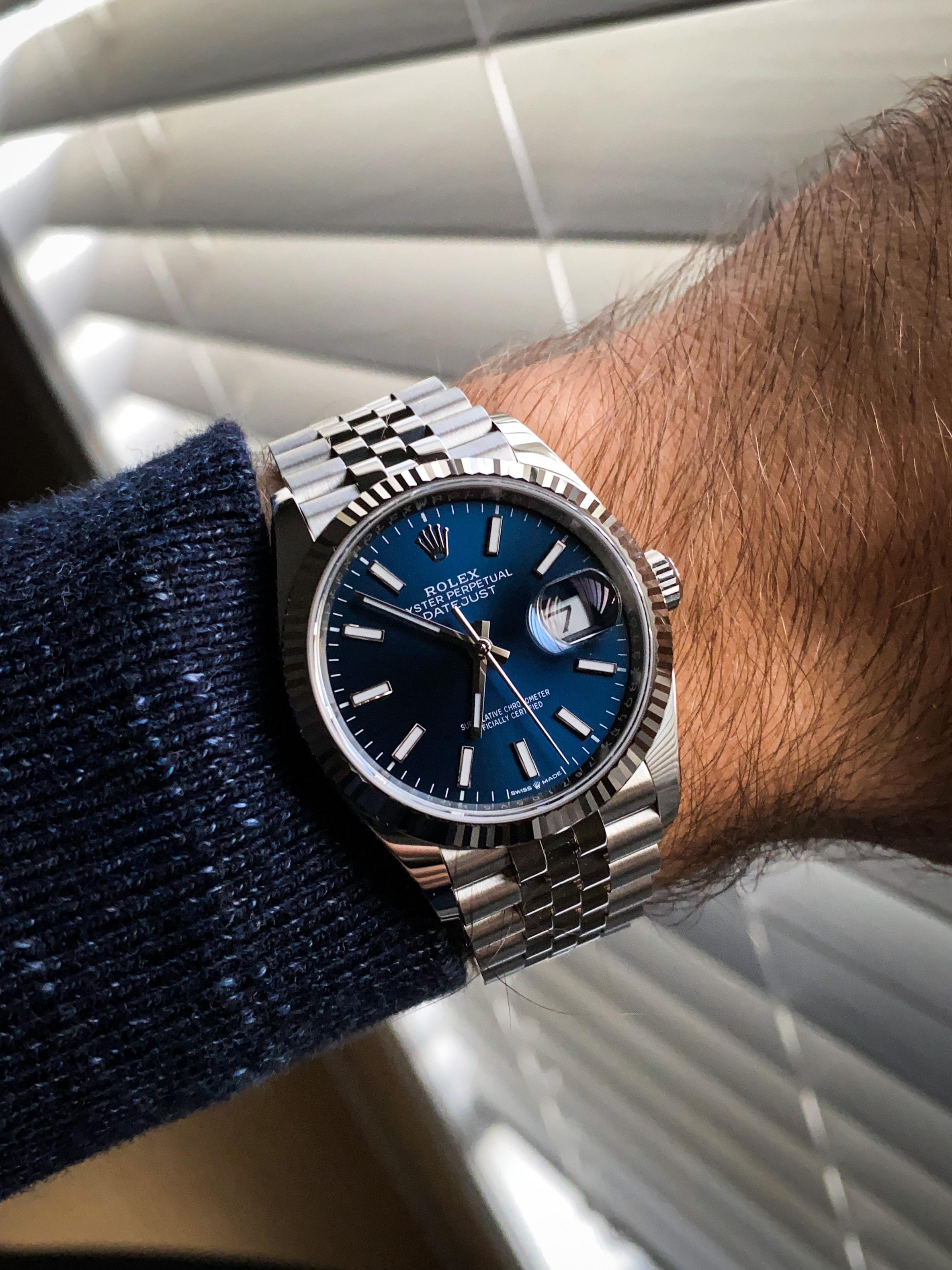 Rolex 126234 36mm Datejust Blue Dial Fluted Jubilee In The Shadow Of Hype Watches