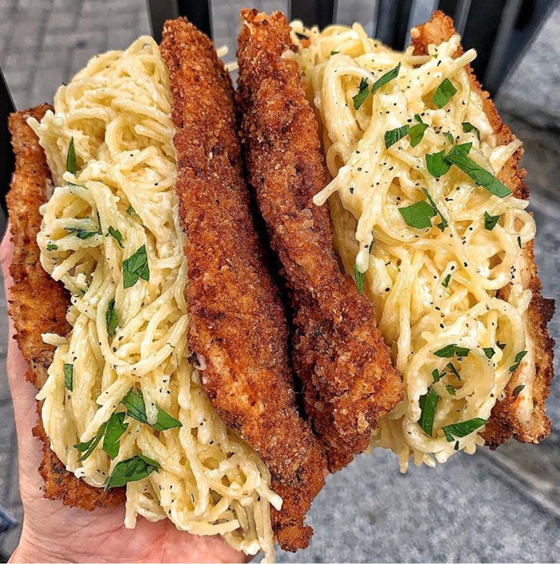 Grill 5 to 7 minutes on the first side and then flip the chicken over and grill for another 3 to 4 minutes or until. Breaded Chicken Cutlet Tacos Filled With Angel Hair Alfredo Tacos