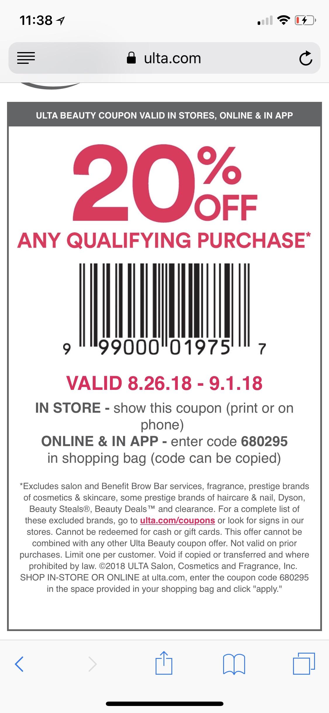 Register for the store's ultamate rewards program to earn points on every purchase. Ulta 20 Off Coupon 8 26 To 9 1 R Muaonthecheap