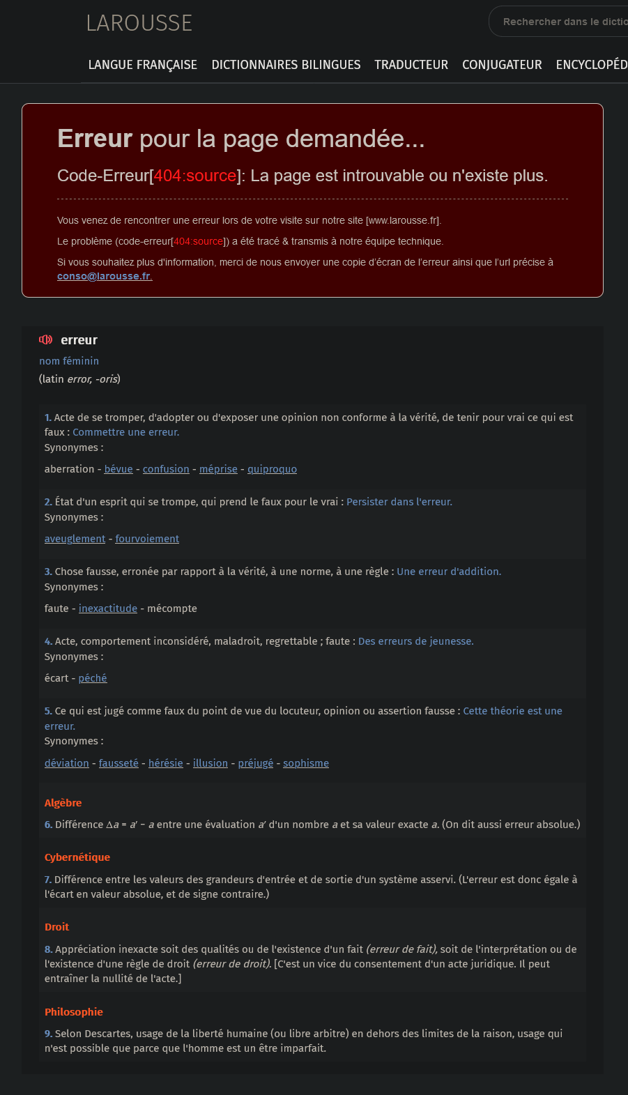 Aja Que Lors D Une Erreur 404 Le Site Du Larousse Met Une Definition De Erreur R Rance