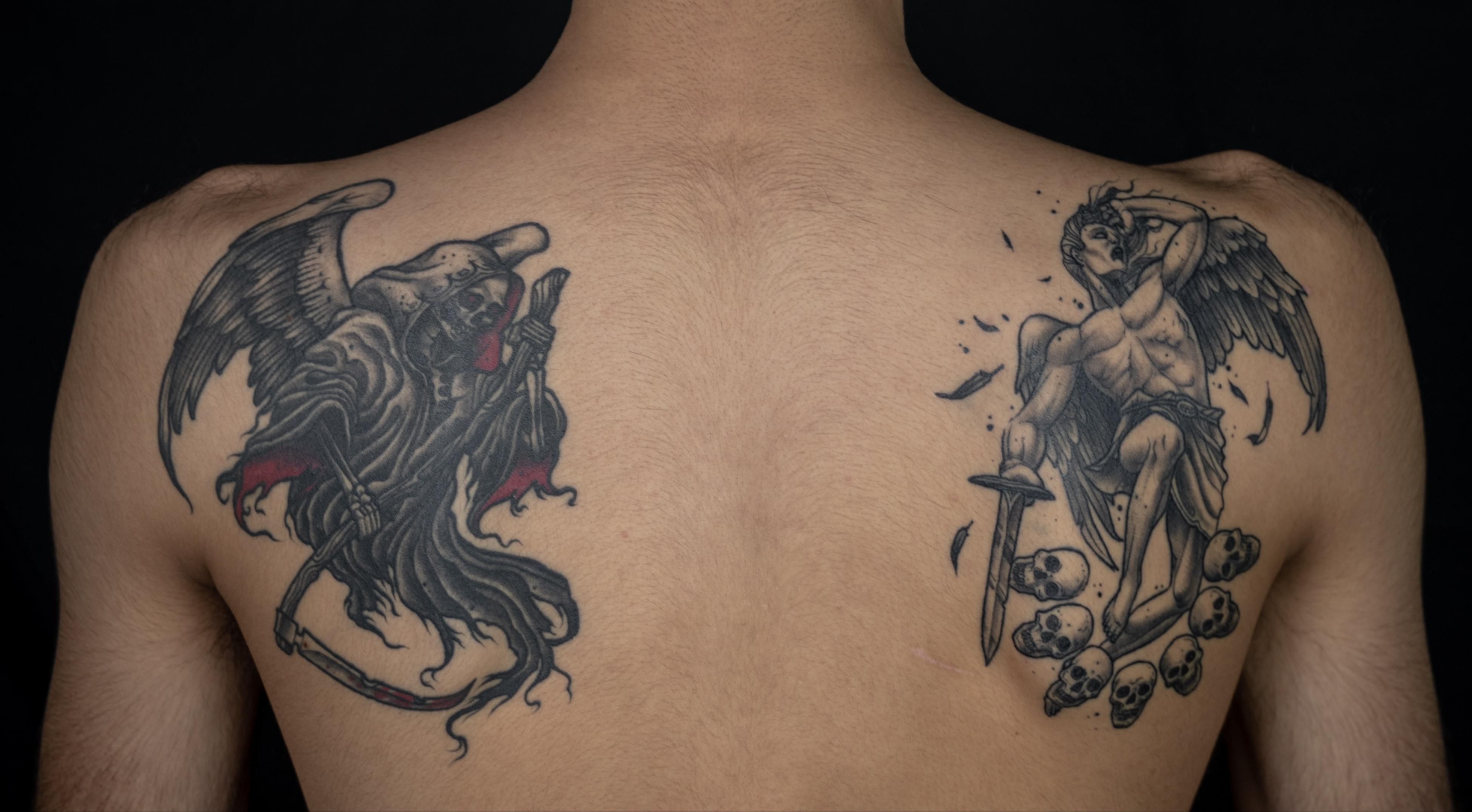 Grim Reaper With Wings (Left) And Fallen Angel (Right) Made By Carlos At Godspeed Studio, Portugal. : R/Tattoos 2152_x_3901_jpg