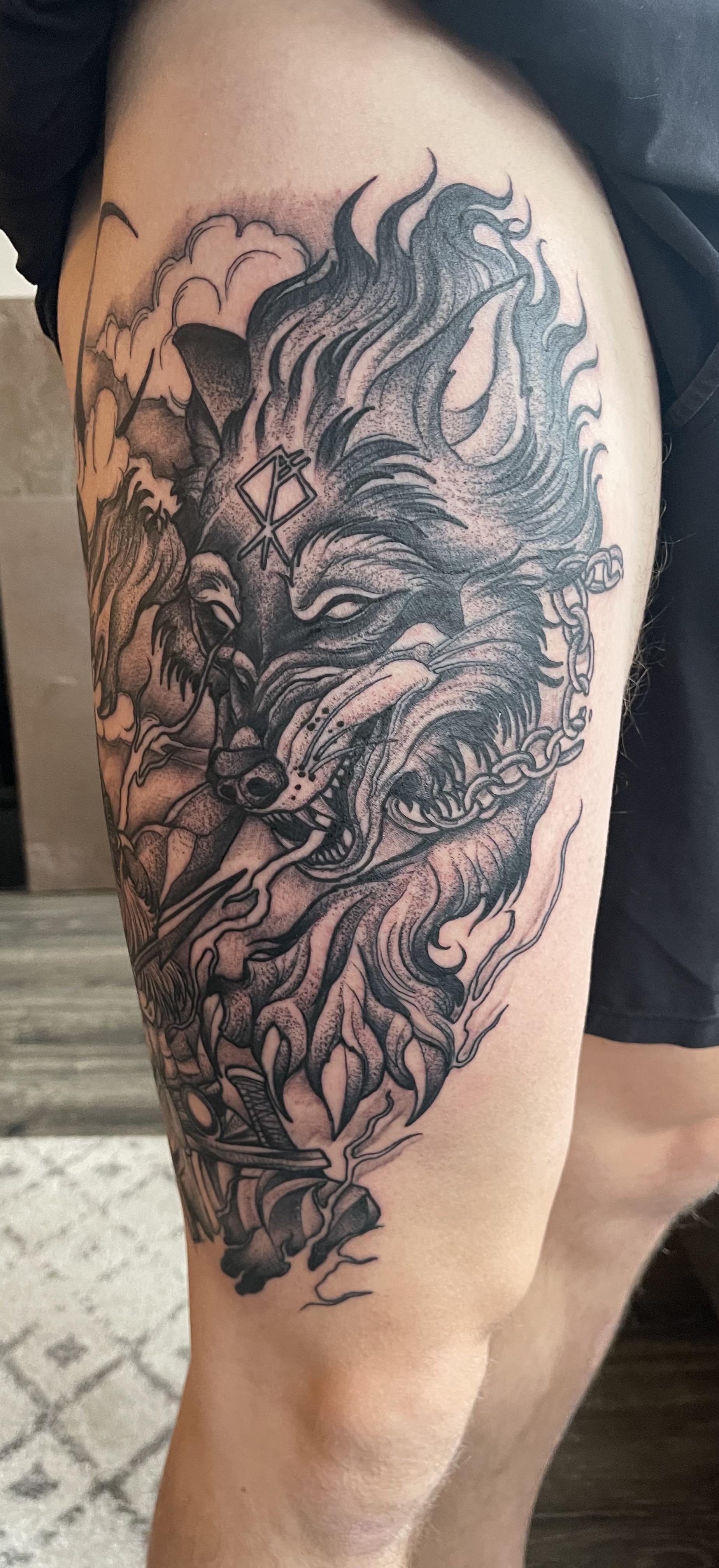 Start To My Ragnarök Leg Sleeve, Odin Vs Fenrir. Done By Emilio Saylor At Blacklisted Tattoo In Crown Point, In : R/Tattoos 4032_x_1848_jpg